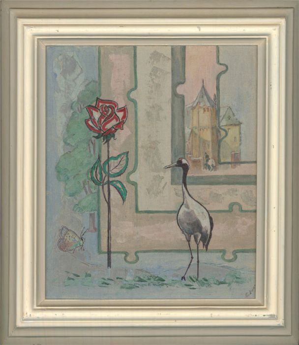 Greta Constance Delf Lines (1917-2008) - 20th Century Oil, Egret And Rose