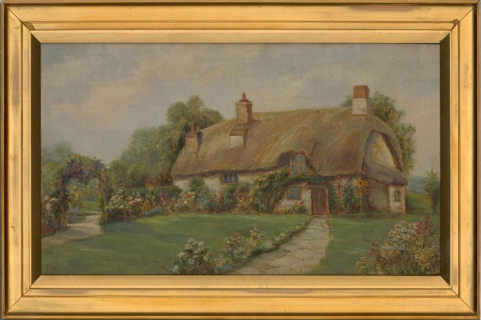 M.S. - Early 20th Century Oil, Thatched Cottage and Garden