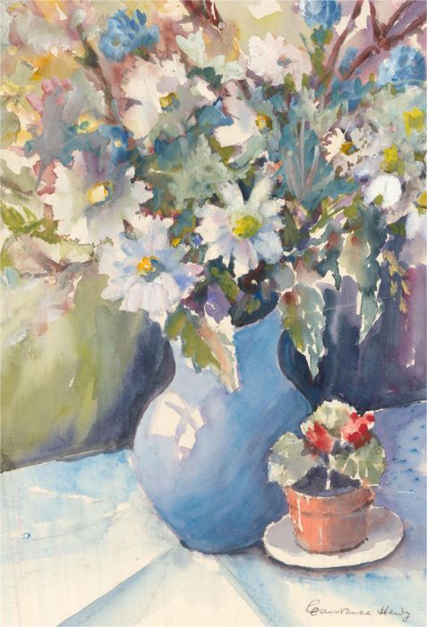 20th Century Watercolour - Spring Flowers in a Blue Vase