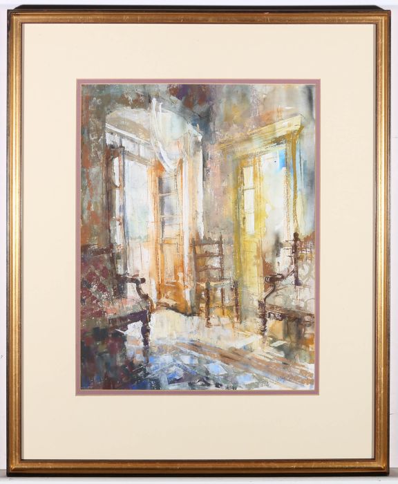 June Arnold SWA - Contemporary Watercolour, Sunlit Interior