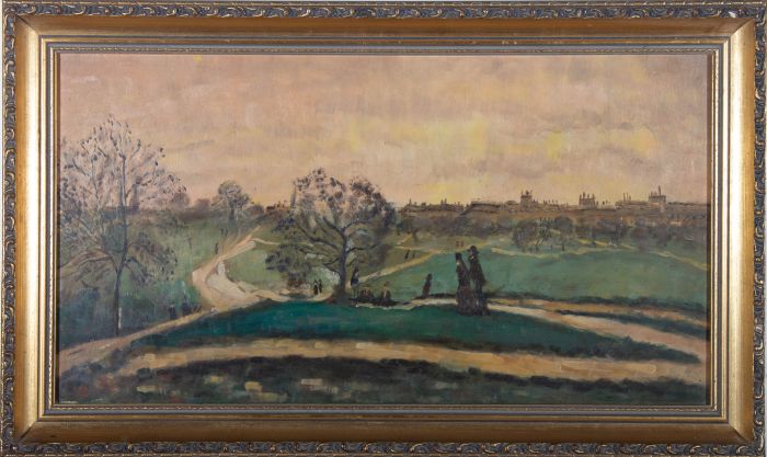 Mid 20th Century Oil - An Evening Stroll Through A London Park