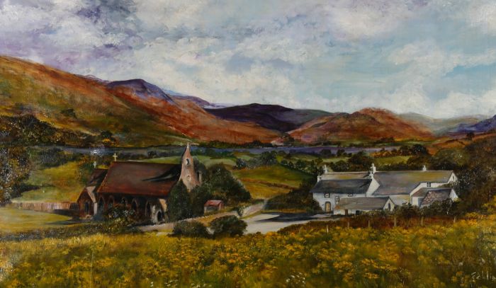 20th Century Oil - Mountainous Village Scene with River