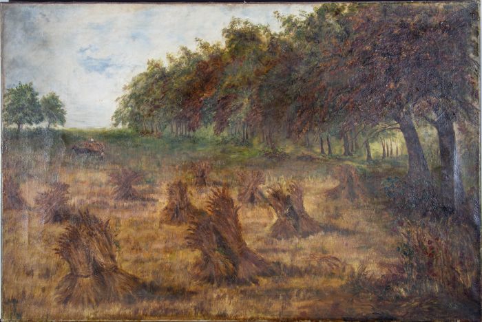 Mid 20th Century Oil - farmland with Haystacks