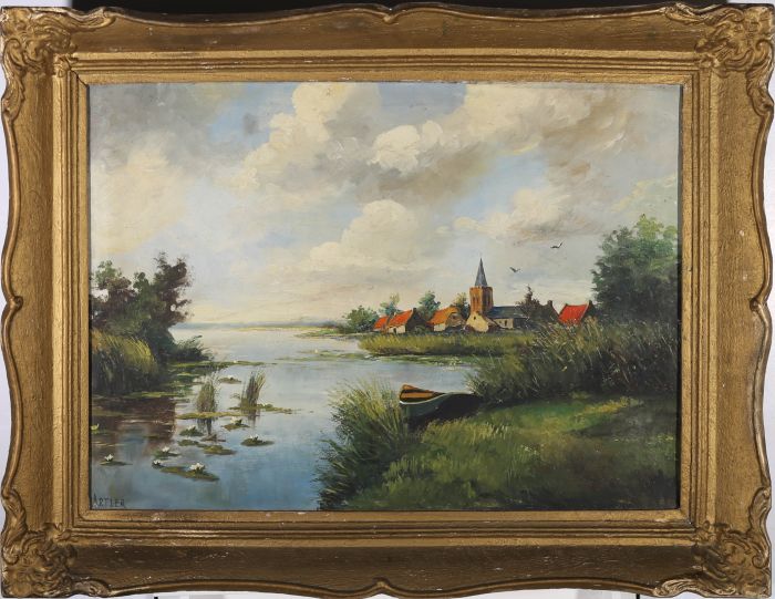 Artler  - Mid 20th Century Oil, Village on the River's Edge