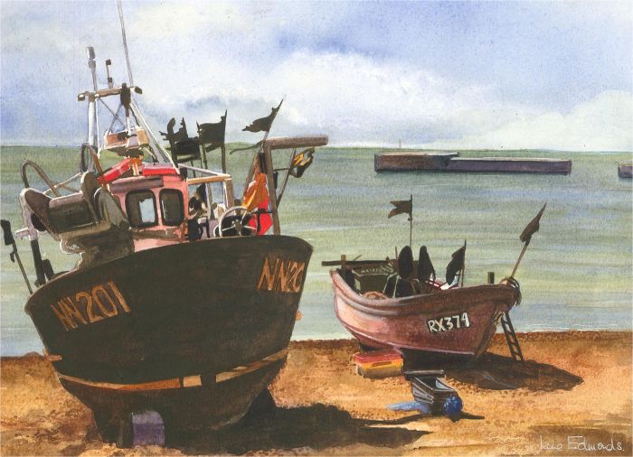 Jane Edwards - Signed Contemporary Watercolour, Boats on the Shore