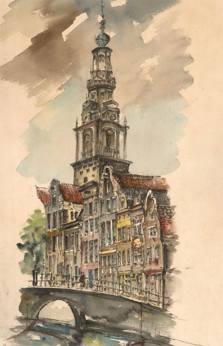 20th Century Watercolour - Zuiderkerk From the Canal