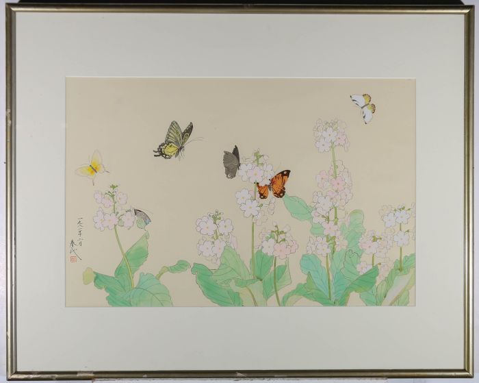 Framed Contemporary Watercolour - Butterflies and Blossom