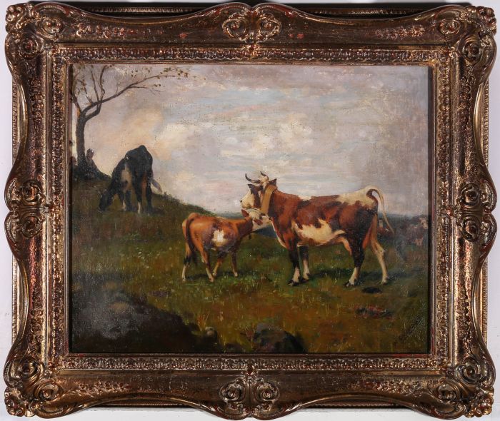 Manner of William Frank Calderon  - Mid 20th Century Oil, Cow and Calf