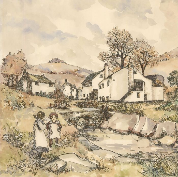 Linda Poggio - Signed and dated 1975 Watercolour, Children Along the River