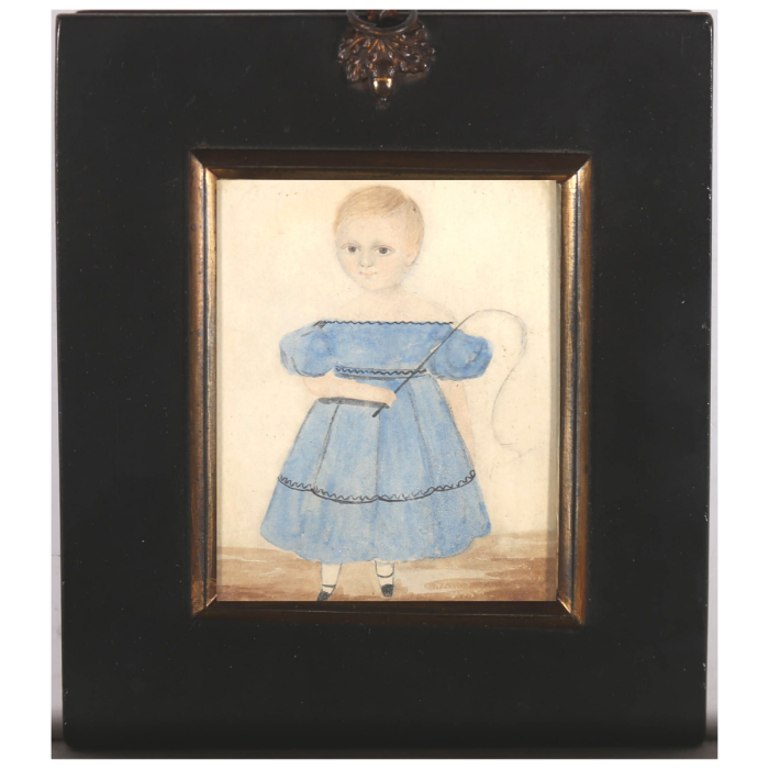 Folk Art Miniature Early 19th Century Watercolour - Child with Whip