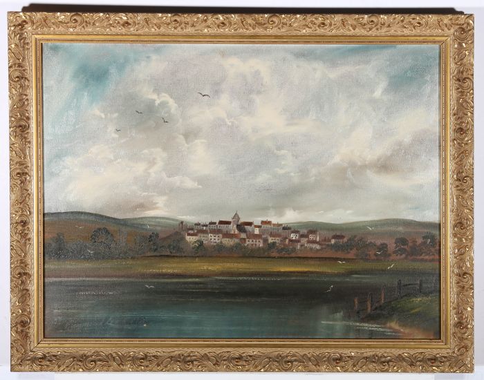 Reginald Price  - Naive 1977 Oil, Town Across The River