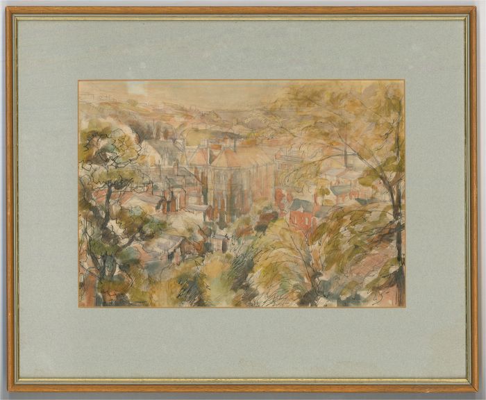Mid 20th Century Watercolour - Looking over the Town