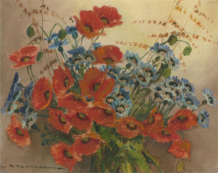 R. Romagnoli - Signed 20th Century Oil, Poppies and Scabiosa