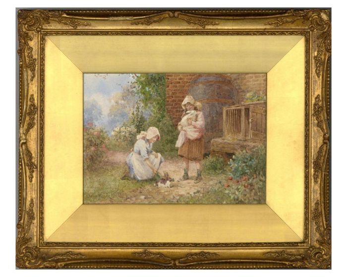 Joshua Fisher (1859-1930) - Framed Watercolour, Petting Rabbits in the Garden