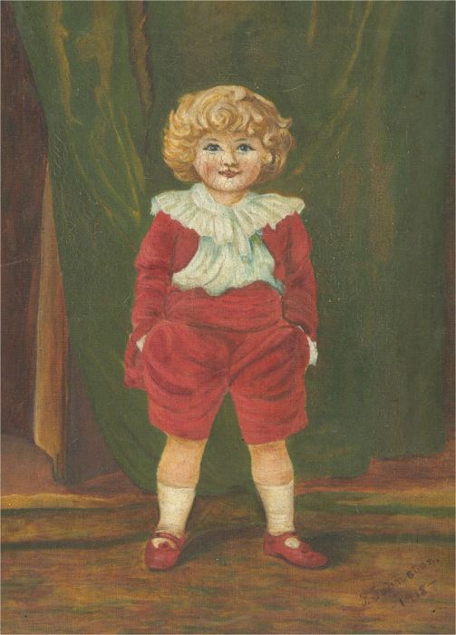 P. Johnston - 1918 Oil, Little Boy In Red
