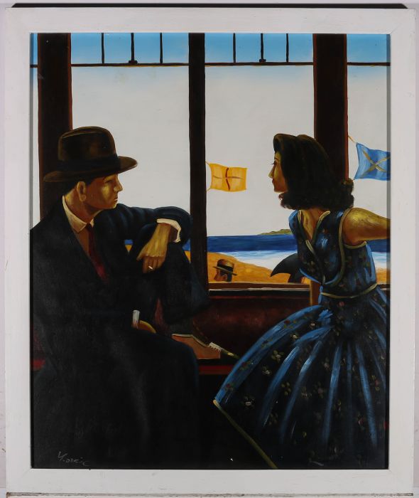Manner of Jack Vettriano  - 20th Century Oil, Seaside Courting