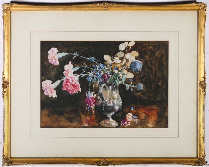 Ethel Charlotte Chase Hatch (1869-1975) - Watercolour, Flowers in a Metal Vase
