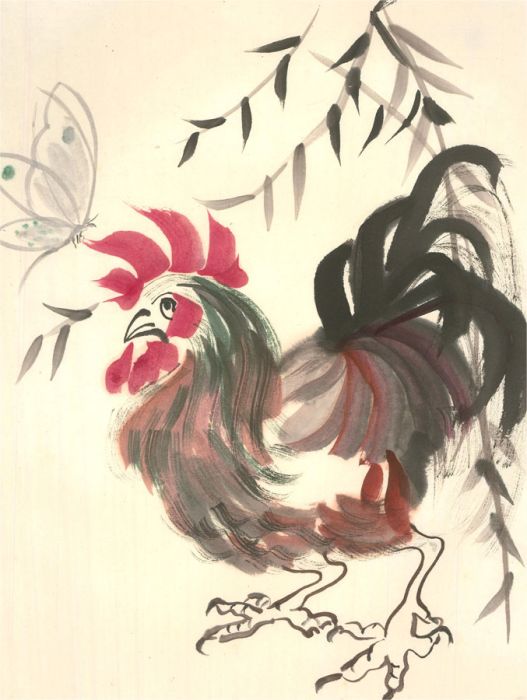 Hu Dongfang - Contemporary Pen and Ink Drawing, The Cockerel & Butterfly