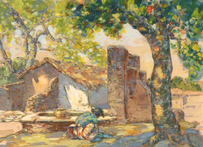Early 20th Century Gouache - Working in the Shade