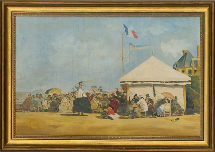 Arthur Rowlands After Boudin - Oil, Beach House with Flags at Trouville