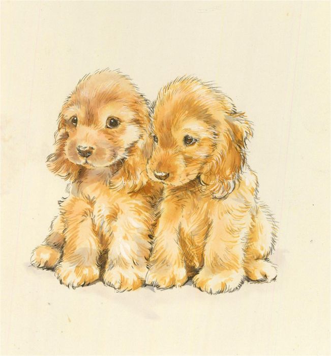 20th Century Watercolour - Fluffy Puppies