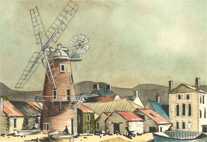 20th Century Watercolour - Coastal Windmill