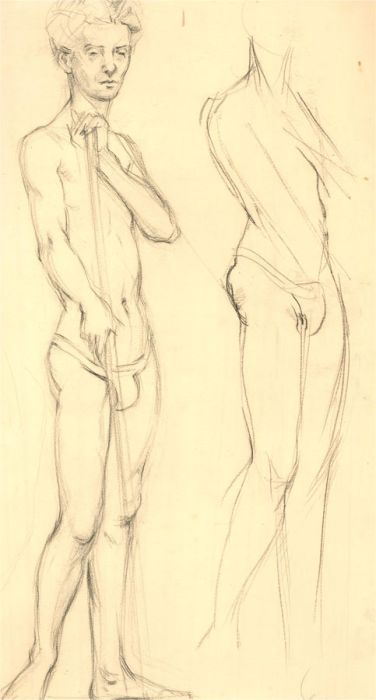 20th Century Charcoal Drawing - Standing Male Nude