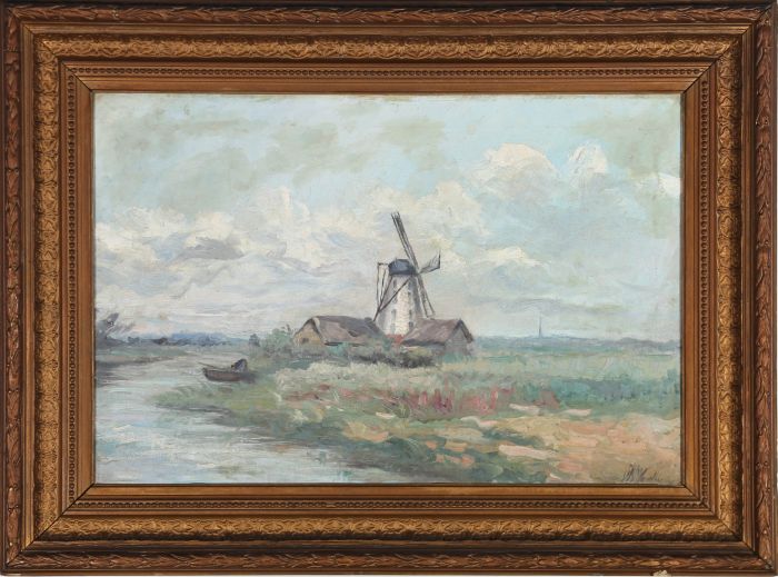 Dutch School Late 19th Century Oil - Windmill by the River