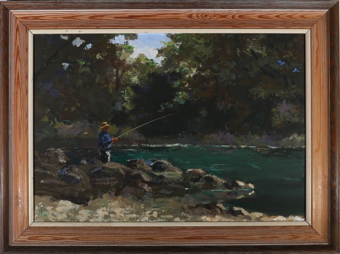 Large Framed 20th Century Oil - Fishing by the River