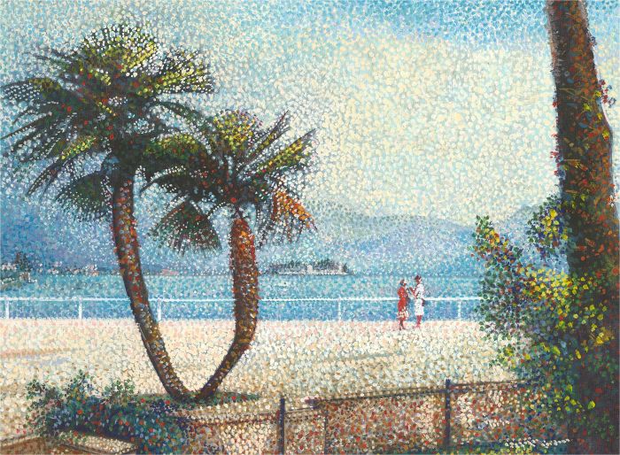 Pointalist Mid 20th Century Oil - On The Promenade