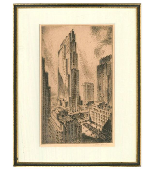 Nat Lowell (1880-1956) - Etching, View of the Rockefeller Center