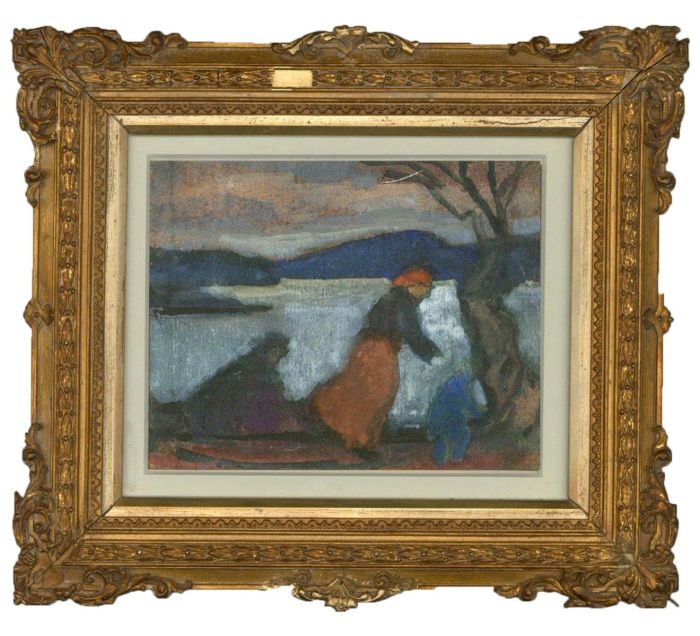 Ornately Framed Early 20th Century Gouache - Against the Wind