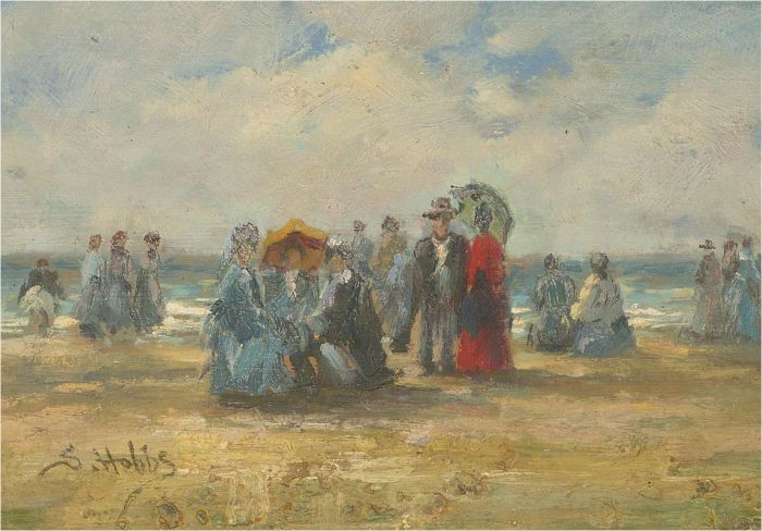S. Hobbs - Signed 20th Century Oil, Figures on the Beach