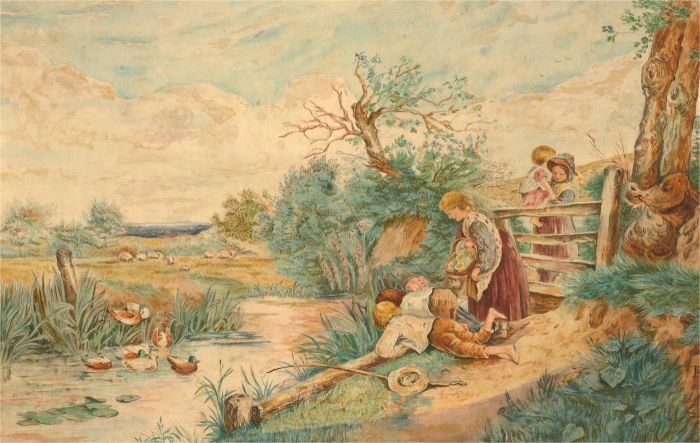 Follower of Myles Birket Foster -  19th Century Watercolour, Fishing In The Creek