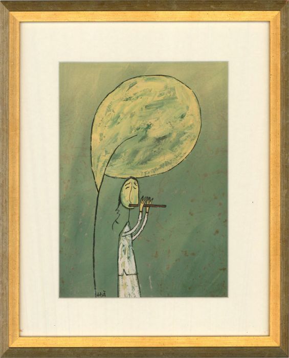 H.A - 20th Century Gouache, The Flute Player In Green