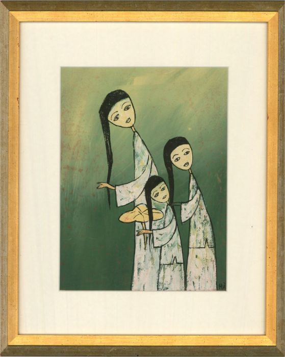 H.A - 20th Century Gouache, Three Bending Figures