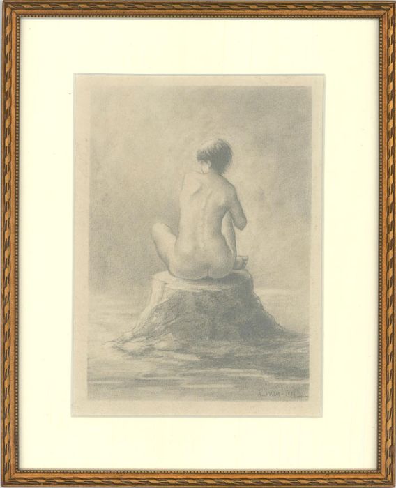 A. Hvam - Signed and dated 1986 Graphite Drawing, Female Nude on Tree Trunk