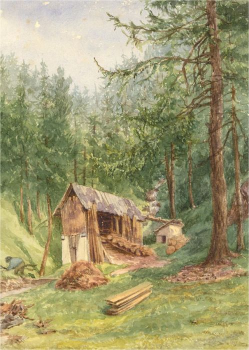 Anne, Elizabeth and Annie Salter -Late 19thC Watercolour, Saw Mill At Sils Maria