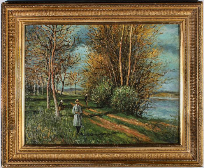Framed Early 20th Century Oil - Riverside Walk