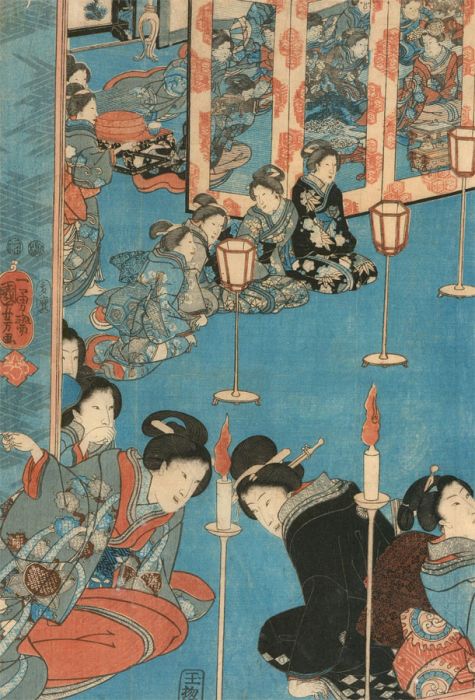 Utagawa Kuniyoshi (1798-1861) - Mid 19thC Japanese Woodblock, Meeting Of Geisha