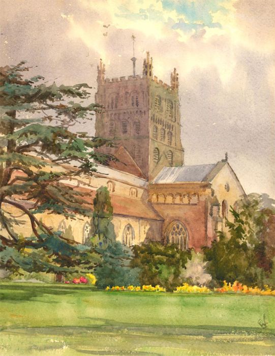 E. W - Mid 20th Century Watercolour, Tewkesbury Abbey