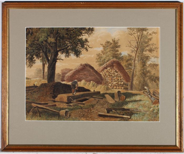 I. Swegh - Framed 1862 Watercolour, Woodsman at Work