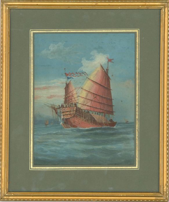 Framed Early 20th Century Gouache - Chinese Junk Boat