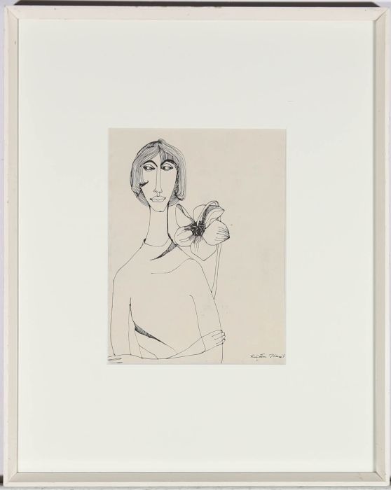 Framed Finnish School Mid 20th Century Pen and Ink Drawing - Lady and the Flower