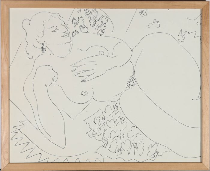 Framed Mid 20th Century Pen and Ink Drawing - Curvaceous Nude