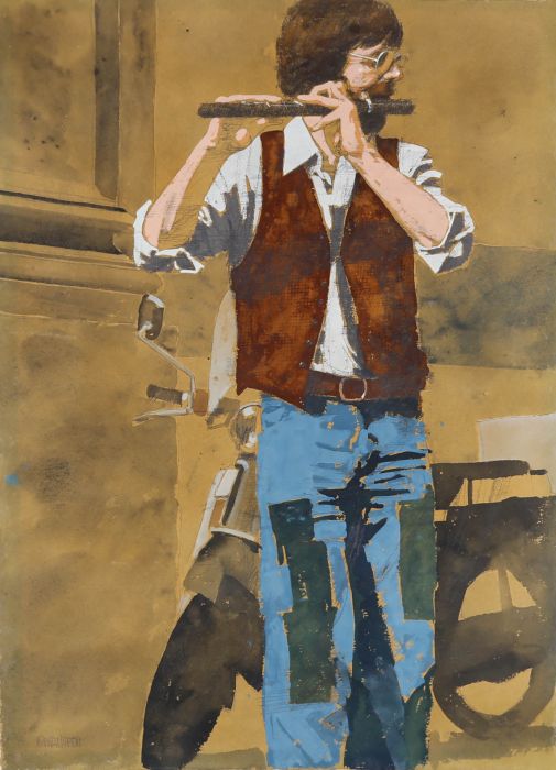 20th Century Gouache - The Street Flautist