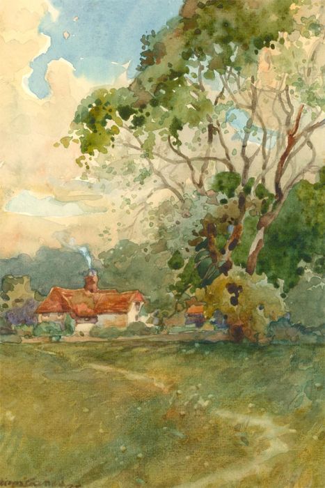 1925 Watercolour - Stoking the Cottage Fire