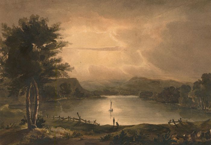 Mid 19th Century Watercolour - Lake Under The Moon
