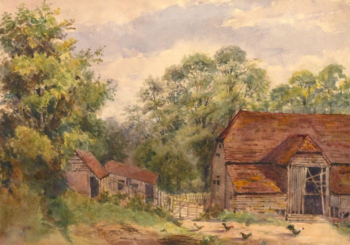 Early 20th Century Watercolour - Chickens in the Yard