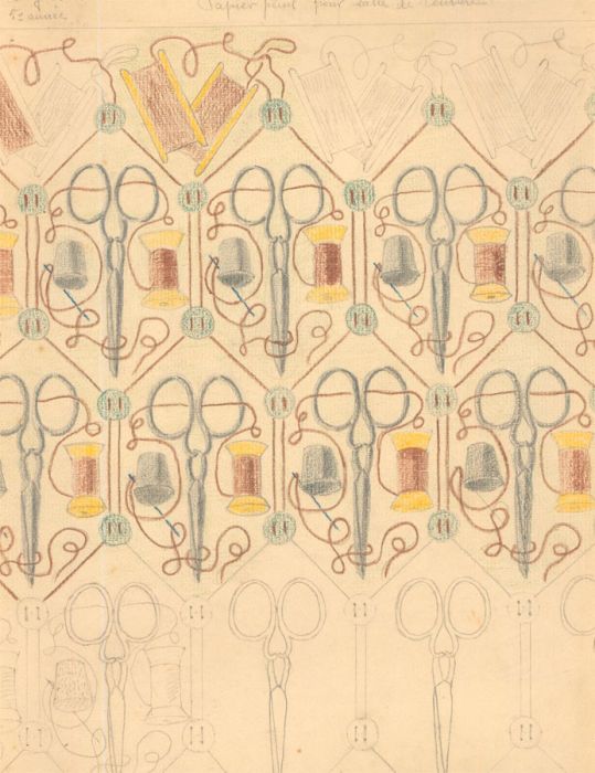 F. Lagabrielle -Early 20th Century Coloured Pencil, Sewing Room Wallpaper Design